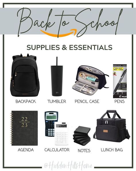 School Supplies Aesthetic Black, Black School Supplies Aesthetic, Back To School Supplies Highschool, Black School Supplies, School Supplies For College, School Supplies Black, College Backpack Essentials, Bts Clothes, School Shopping List