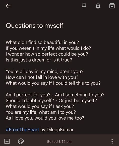 #questionstomyself #love #quotes #story #myself #writer How Can I Love Myself, Who Am I To You, What Did I Do, Who Did This To You, How Do I Find Myself, What Do You Think Of Me, What Am I To You, When Youre In Love, Journal Therapy