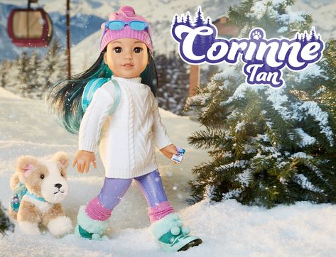 Girl of the Year: Corinne Tan | Dolls, clothes, furniture and accessories for girls | American Girl Ski Resort Architecture, Ice Skating Accessories, Clothes Furniture, Team Jackets, Ski Outfit, American Dolls, Pink Pajamas, Ski Accessories, Bitty Baby