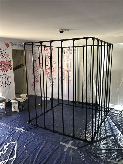 PVC jail cell Haunted Jail Ideas, Jail Halloween Decorations, Diy Jail Cell Prop, Diy Halloween Jail Cell, Prison Party Theme, Jail Themed Party Ideas, Diy Jail Cell, Haunted Hospital Decorations, Jail Cell Prop