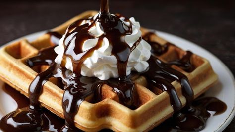 Premium Photo | Waffle with chocolate sauce and whipped cream on top Cream Tops, Chocolate Sauce, Premium Photo, Whipped Cream, Waffles, Sauce, Cream