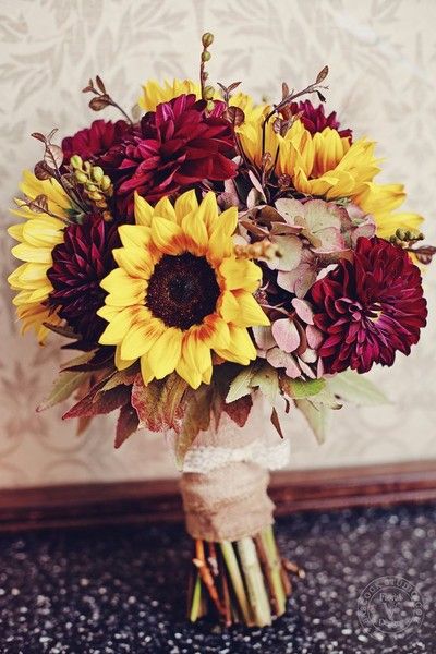 Bouquets on WeddingWire Sunflower Wedding Bouquet, Rustic Wedding Decorations, Maroon Wedding, Autumn Bride, Boda Mexicana, Cemetery Flowers, Sunflower Bouquets, Friends Wedding, Fall Wedding Bouquets