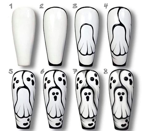 Ghost Nail Art Step By Step, Drawing Ideas For Nails, Nail Drawing Designs, Ongles Halloween, Detailed Portrait, Horror Nails, Halloween Nails Diy, Nail Art Halloween, Halloween Nails Easy