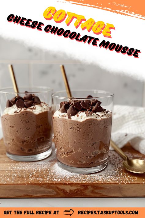 Savor the unique combination of creamy cottage cheese and rich chocolate in this delectable mousse recipe. Perfect for any occasion, our Cottage Cheese Chocolate Mousse is a must-try dessert! It's light, yet indulgent, and surprisingly easy to prepare. This scrumptious treat will surely impress your guests and satisfy your sweet tooth. Don't forget to pin this delightful recipe for later! Blender Dessert Recipes, Chocolate Cottage Cheesecake, Chocolate Cottage Cheese Mousse, Cottage Cheese Mouse, Cottage Cheese Mousse Recipe, Cottage Cheese Chocolate Mousse, Dessert With Cottage Cheese, Desserts With Cottage Cheese, Cottage Cheese Recipes Dessert