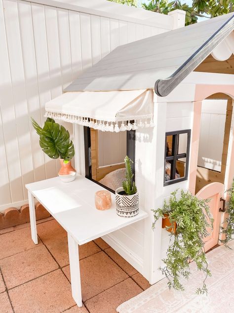 Diy Inside Playhouse, Wooden Playhouse Makeover Interior, Step 2 Sweetheart Playhouse Makeover, Playhouse Awning, Playhouse Outdoor Makeover, Playhouse Decorating Ideas Interior, Playhouse Interior Ideas, Diy Kids Playhouse, Playhouse Decor