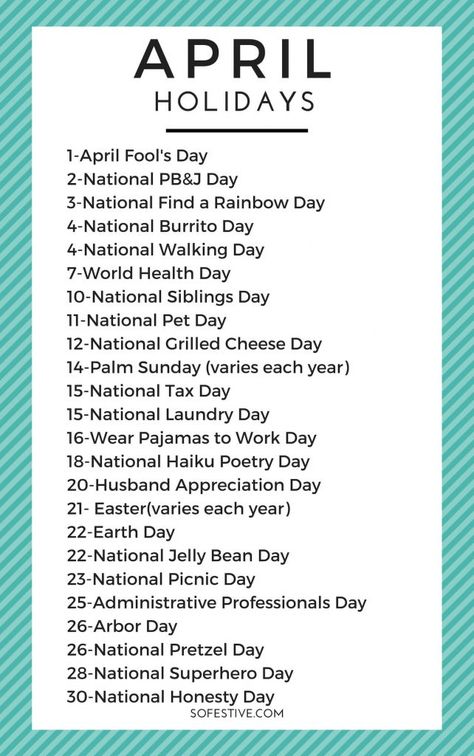 Here's a complete list of all the April holidays that are fun and random. Easy ways to celebrate fun holidays in April. National Tax Day, April Holidays, April Images, National Holiday Calendar, Silly Holidays, Monthly Celebration, April Activities, National Sibling Day, National Day Calendar