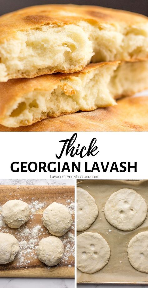 This thick and fluffy Georgian Lavash is quick and easy to make. It doesn't require yeast and perfect for soups, sauces or as a base for sandwiches. Vegan Flatbread Recipes, Georgian Bread, Vegan Flatbread, Lavender Macarons, Georgian Cuisine, Georgian Food, Flatbread Recipe, Best Bread Recipe, Flatbread Recipes