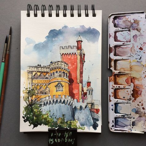 Pena Palace Sintra Portugal Print of Original Watercolor Painting 8/10 and 11/14 inches Portugal Print, Pena Palace, Drawing Arts, Gcse Art Sketchbook, Pen And Wash, Sintra Portugal, Gcse Art, Cityscape Painting, Urban Sketching