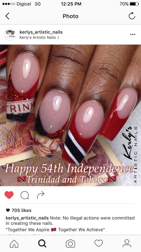 Trinidad Nails Designs, Trinidad And Tobago Nails, Trinidad Nails, Trinidad Flag, Flag Nails, Acrylic Nails Coffin Pink, Happy Independence, Acrylic Nails Coffin, Nails Coffin