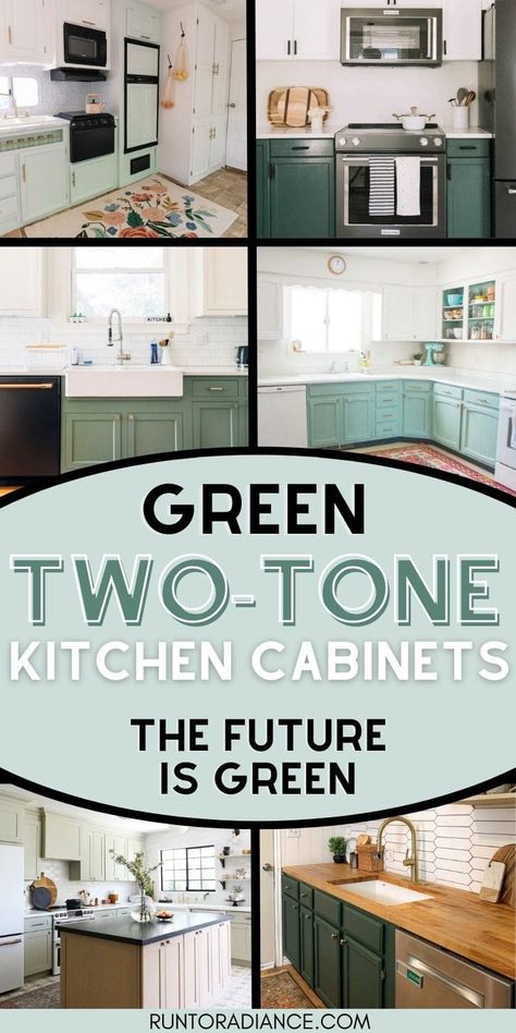 Two Tone Kitchen Cabinets Dark Green, Bottom Green Cabinets, Green Bottom Cabinets White Upper, Two Tone Kitchen Cabinets Green And White, Two Tone Painted Cabinets, Small Kitchen Ideas Green Cabinets, White Kitchen With Green Cabinets, Green Base Cabinets White Upper, Two Tone Green Cabinets