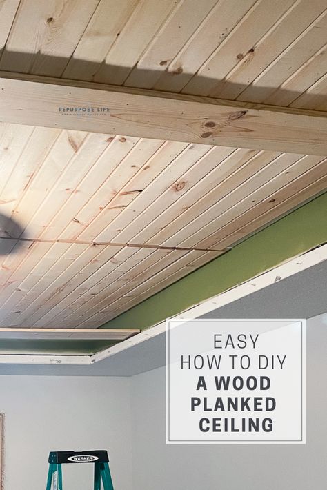 Cover up a popcorn ceiling or update a tray ceiling with a wood planked ceiling. An easy DIY tutorial on how to easily install shiplap (carsiding) to spice up any ceiling in your home. Wood Planked Ceiling, Shiplap Accent Walls, Planked Ceiling, Interior Design Guidelines, Wood Ceiling Panels, Board And Batten Accent Wall, Batten Accent Wall, Wood Plank Ceiling, Installing Shiplap