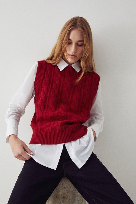 Red Vest Outfits For Women, Red Vest Outfit, Knitted Vest Outfit, Vest Outfits For Women, Winter Moodboard, Burgundy Vest, Cable Knit Vest, Vest Outfit, Old Money Outfits