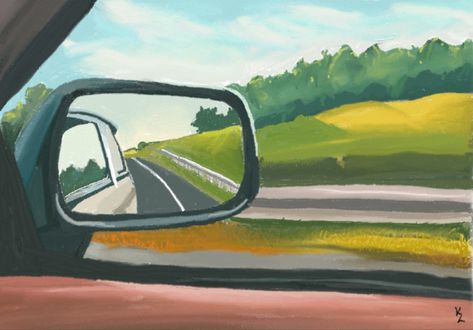 Rear View Mirror Painting, Car Window Illustration, Favorite Aesthetic, Mirror Drawings, Dorm Stuff, Window Illustration, Hair In The Wind, Window Drawing, Inside Car