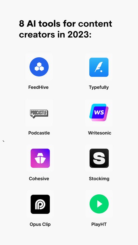 8 Best AI tools for content creators: 1. FeedHive - feedhive.com - Content creation & planning 2. Typefully - typefully.com - For writing tweets 3. Podcastle - podcastle.ai - Create professional-sounding audio. 4. Writesonic - writesonic.com - Create various types of content 5. Cohesive - cohesive.so - For content creation 6. Stockimg - stockimg.ai - Generate pictures and design 7. Opus Clip - opus.pro - AI Video editor 8. PlayHT - play.ht - AI voice generator Vlogging Youtube, Blog Headlines, Software As A Service, Advertising Inspiration, Types Of Content, Writing Software, Email Subject Lines, Content Writer, Shopify Website