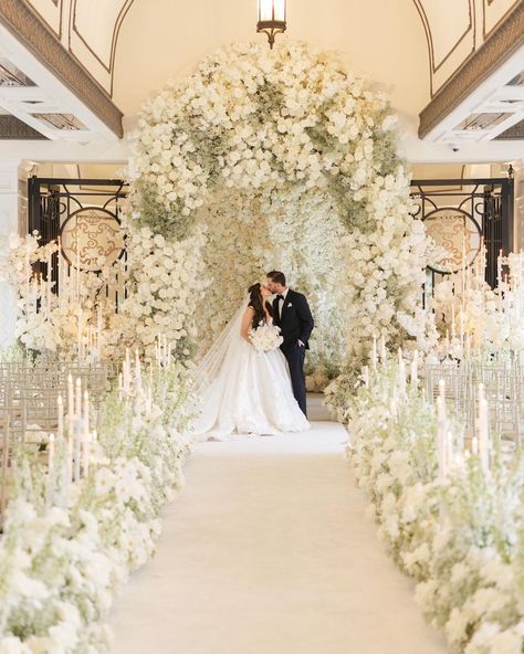 Dahlia Floral & Event Design | Still Dreaming about this Ceremony! ✨ @shadowbrooknj @dahliaflorals @rafalostrowski @chris_antice @mkramarski95 @presleyplanning @gotoshout… | Instagram Wedding Decorations Altar, Wedding Stage Flowers, Unique Chuppah, White Flower Arch, Bridal Flower Arrangements, White Ceremony, Wedding Stage Decor, Church Wedding Decorations, Church Decorations