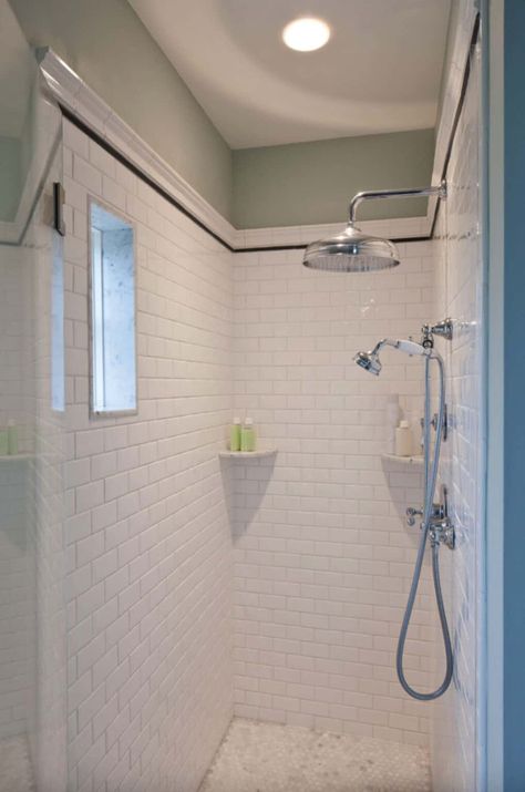 Wall Tile Edge Trim Ideas, Pencil Tile Trim Bathroom, Harbor Haze, Crown Molding Bathroom, Shower Tiling, Pencil Tile, White Shower Tile, Gray Shower Tile, Bathroom Spotlights