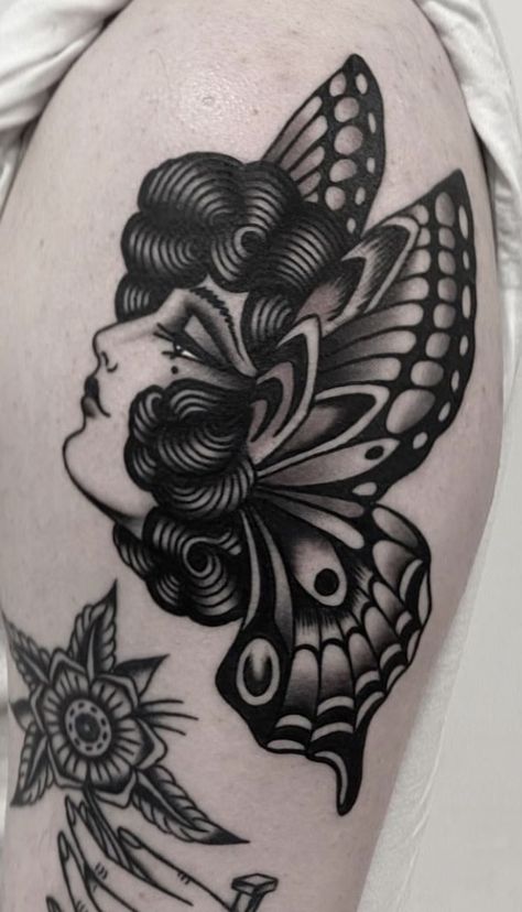 Trad Butterfly Lady Tattoo, Lady Flower Head Tattoo, Butterfly Lady Head Tattoo, Lady Head Tattoo Traditional, Traditional Tattoo Cover Up, Feminine Traditional Tattoo, Flapper Tattoo, Traditional Moth Tattoo, Traditional Tattoo Woman