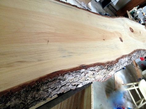 Staining Live Edge Wood, How To Seal Bark On Wood, Sealing Live Edge Wood, How To Seal Live Edge Wood, Live Wood Projects, Breakfast Bar Counter, Diy Breakfast Bar, Table Top Diy, Live Edge Counter