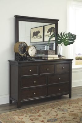 Brown Dressers, Wood Bedroom Dresser, Mirror Dark, Dark Wood Bedroom, Dresser Decor Bedroom, Landscape Mirror, Brown Dresser, Dresser And Mirror, Black Bedroom Furniture