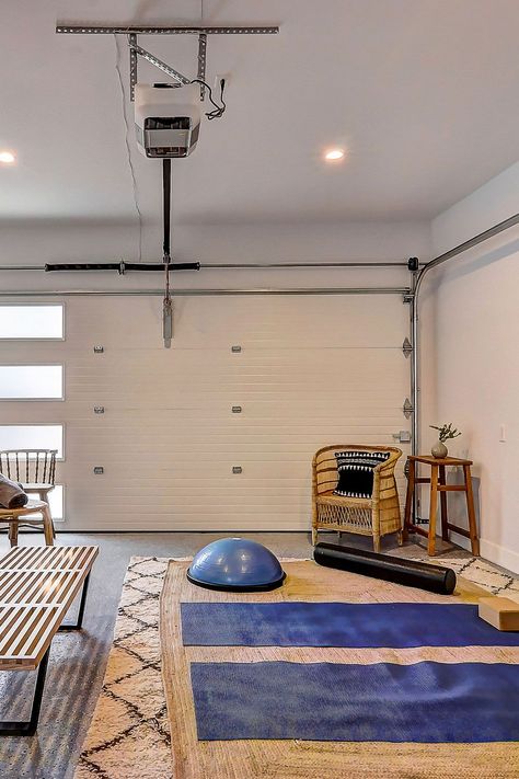 Garage Into Yoga Studio, Garage Meditation Space, Yoga Studio In Garage, Internal Garage Ideas, Garage Sleeping Space, Garage Massage Studio, Yoga Organization At Home, Cosy Garage Ideas, Gym Corner In Garage