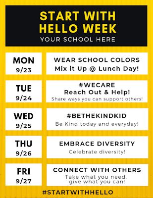 Start With Hello Week Themes and Planning #StartwithHello Start With Hello Week, Start With Hello, Counselors Week, National School Counseling Week, School Counseling Week, Kindness Video, Leadership Classes, School Spirit Days, Interactive Bulletin Board