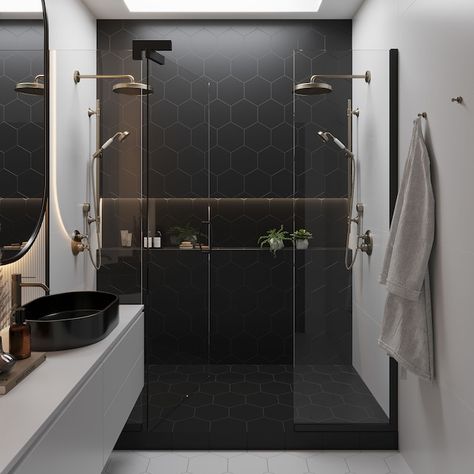 Apollo Tile Metal Black 8-in x 9-in Matte Porcelain Stone Look Hexagon Floor and Wall Tile (9.93-sq. ft/ Carton) in the Tile department at Lowes.com Dark Tile Walk In Shower Ideas, Black On Black Shower Tile, Black Showers Walk In, White Tub Black Tile, Black Accent Shower Wall, Black Hexagon Tile Laundry Room, Black Hexagon Tile Fireplace, Walk In Shower Black Tile, Masculine Shower Tile