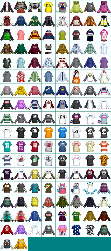 The Spriters Resource - Full Sheet View - Splatoon - Clothing Icons Splatoon 3 Character Design, Splatoon Shirts In Game, Splatoon Gear Ideas, Splatoon 3 Fashion, Splatoon Clothing Ideas, Splatoon Oc Template, Splatoon 3 Clothes, Splatoon Character Base, Splatoon Body Reference