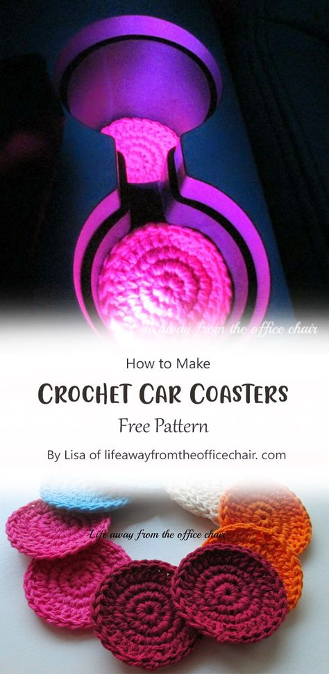 The car coasters are the perfect addition to your car and add a pop of color to any vehicle. They can be made in any color you like, so you can make them match any decor. How To Crochet Car Coasters, Knit Car Coasters, Crochet Car Cup Coaster, Crocheted Car Coasters, Car Cupholder Coasters Crochet, Cute Crochet Car Decor, Crocheted Car Coasters Free Pattern, Car Cup Holder Coaster Crochet, Crochet Coasters For Car