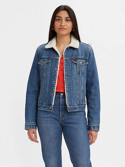 Ex-boyfriend Sherpa Trucker Jacket - Medium Wash | Levi's® US Levis Ex Boyfriend Trucker Jacket Sherpa, Levis Ex Boyfriend Trucker Jacket, Sherpa Outfit, Trucker Jacket Women, Levi Jean Jacket, Cord Jeans, Sherpa Trucker Jacket, Levis Outfit, Jacket Sherpa