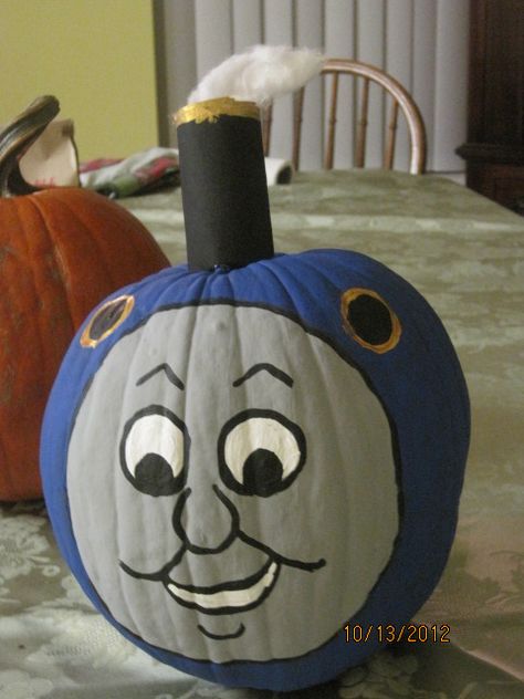 For my grandson, who is a Thomas the Train lover.  A Pumpkin Thomas! Pumpkin Train Ideas, Thomas Costume Diy, Thomas The Train Pumpkin, Thomas The Train Pumpkin Painting, Thomas The Tank Costume Diy, Thomas The Train Wagon Diy, Pumpkin Train, Thomas Costume, Thomas The Train Costume