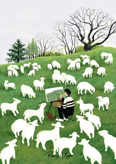 Paco_Yao , illustration , spring . Paco Yao, Sheep Illustration, Spring Illustration, Storybook Art, Book Illustration Art, Minimalist Tattoos, Living Alone, Landscape Illustration, Children's Book Illustration