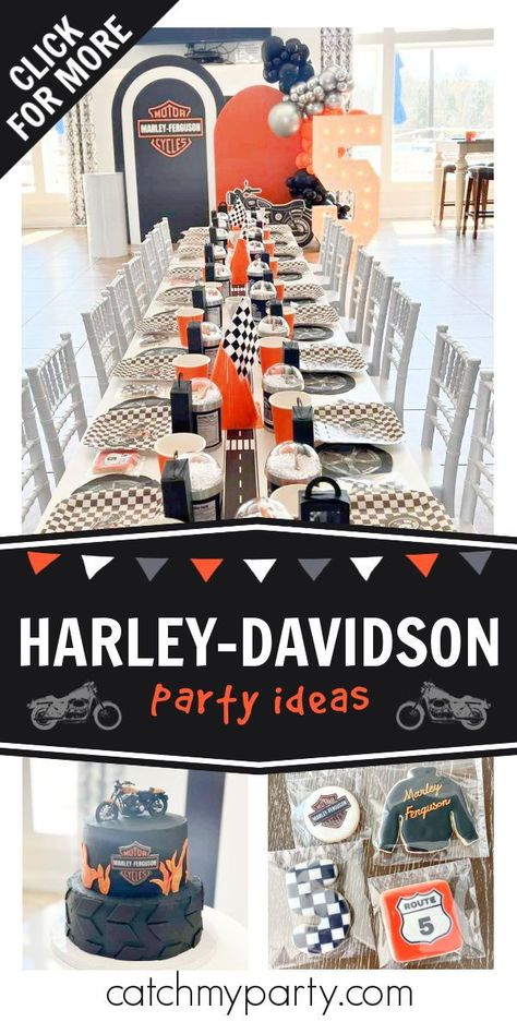 Check out this cool Harley-Davidson birthday party! The cake is great! See more party ideas and share yours at CatchMyParty.com Born 2 Ride Birthday Party Boy, Harley Birthday Party, Harley Davidson First Birthday Party, Harley Davidson Themed Birthday Party, Harley Davidson 1st Birthday Party, Motorcycle Themed Birthday Party, Harley Davidson Birthday Party, Harley Davidson Party Theme, Vintage Tea Party Birthday