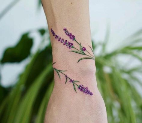 Lavender Band Tattoo, Lavender Wrist Wrap Tattoo, Lavender Arm Band Tattoo, Wrap Around Wrist Tattoos Color, Lavender Wrap Around Tattoo, Lilacs Tattoo, Tattoo Lilac, Lavender Tattoo Design, Firefly Tattoo