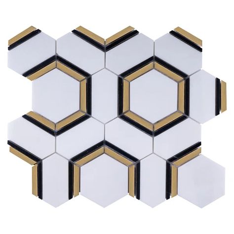 3" x 3" Marble Honeycomb Mosaic Wall Tile Stainless Steel Tile Backsplash, Hexagonal Tiles, Stainless Steel Backsplash, Gold Tile, Contemporary Tile, Marble Mosaic Tiles, Mosaic Wall Tiles, Marble And Gold, Visual Display