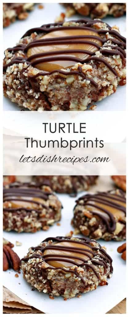 Turtle Thumbprint Cookies — Let's Dish Recipes Turtle Thumbprint Cookies Recipe, Thumbprint Cookie Recipes, Turtle Thumbprint Cookies, Chocolate Turtle Cookies, Thumbprint Cookie, Chocolate Turtle, Caramel Filling, Turtle Cookies, Thumbprint Cookies Recipe