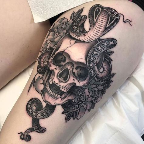 King cobra and skull tattoo on the thigh | www.otzi.app Rib Tattoo Ideas, Skull Thigh Tattoos, Sunflower Tattoo Thigh, Cobra Tattoo, Sunflower Tattoo Shoulder, Tattoo Snake, Snake Tattoos, Thigh Tattoo Designs, Elements Tattoo