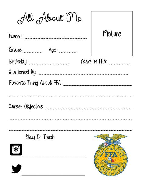 All About Me sheet for FFA Officers to put in classrooms, bulletin boards, etc. Feel free to share! Ffa Blanket, Ffa Meeting Activities, Ffa Backgrounds, Ffa Ideas Activities, Ffa Week Ideas Activities, Ag Classroom Ideas, Ag Classroom Decorations, Ffa Bulletin Boards, All About Me Sheet