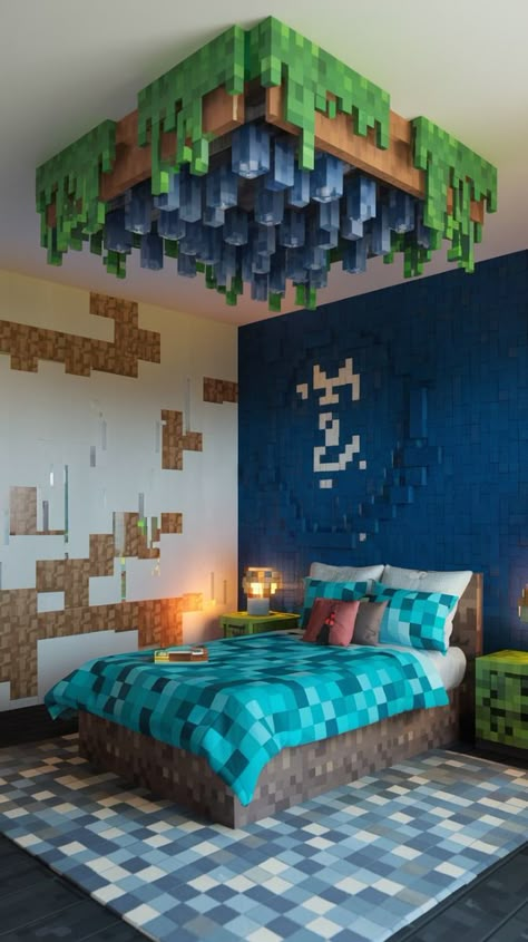 Transform your space into a gamer’s dream with these 4 awesome Minecraft bedroom ideas, featuring pixelated decor, blocky designs, and creative DIY projects inspired by the iconic game. Mine Craft Bedroom, Gamer Bedroom Design, Minecraft Theme Room, Minecraft Interior Ideas Bedrooms, Minecraft Decorations Bedroom, Minecraft Diy Decor, Boys Blue Bedroom Ideas, Minecraft Room Ideas Bedrooms, Gamer Bedroom Boys