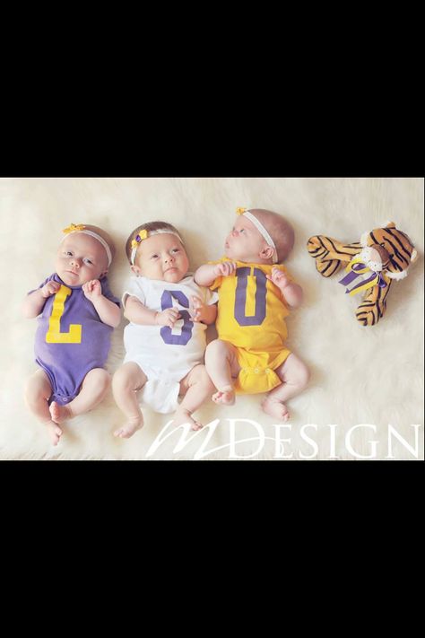 LSU triplets...or get onesies made with school colors/branding Lsu Babies, Multiple Births, Lsu Fans, Dog Football, Geaux Tigers, Baby Boy Photos, Louisiana State University, The Triplets, Louisiana State