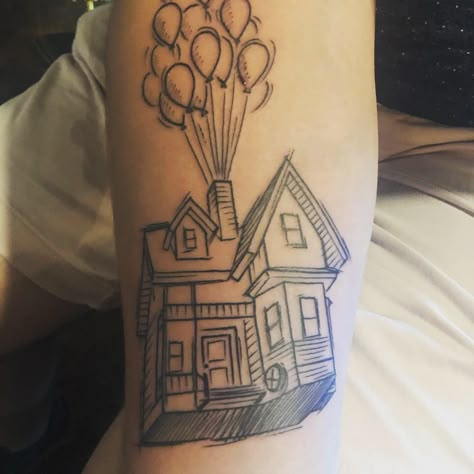 Black and white Disney Pixar’s Up! Balloon house tattoo. Onward Tattoos Disney, Movie Up Tattoo, Disney Tattoos Black And White, Pixar Up Tattoo, Disney Black And White Tattoo, Disney Pixar Tattoos, House Of Balloons Tattoo, Up House Tattoo, Gb Tattoo