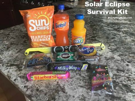 Solar Eclipse Survival Kit Solar Eclipse Survival Kit, Solar Eclipse Gift Bags, Solar Eclipse Classroom Party, Eclipse Goodie Bag, Solar Eclipse Activity For Adults, Eclipse Gift Ideas, Snacks For Eclipse Party, Total Eclipse Snacks, Solar Eclipse Goodie Bag