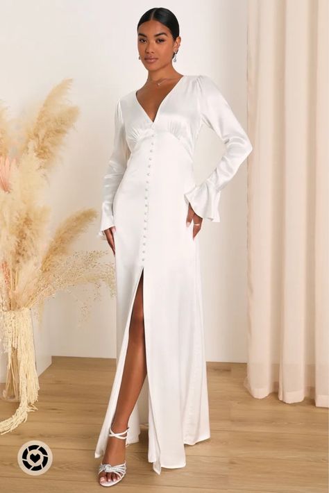 ✨New Arrival: Elegant Celebration White Satin Long Sleeve Slip Maxi Dress✨ | Holidays | Special Occasion | Classic | Formal | Wedding | Party | Follow my shop @Recycled_Roses on the @shop.LTK app to shop this post and get my exclusive app-only content! #liketkit #LTKwedding #LTKHoliday #LTKparties @shop.ltk https://liketk.it/4ijvC Satin Long Sleeve Dress, Long Sleeve Satin Dress, Long Sleeve Bridal Dresses, White Dress Winter, Courthouse Wedding Dress, Slip Maxi Dress, White Silk Dress, Gathered Bodice, Rehearsal Dinner Dresses