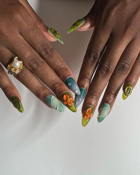 South London Nail Artist | 🪴🍊💦 | Instagram Nail Inspiration Colourful, Vietnam Nails, Bedazzled Nails, Sims Challenge, Nails Y2k, London Nails, Artist Instagram, Pointed Nails, Wedding Nail