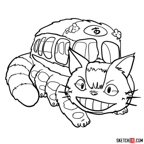 How to draw the Catbus Catbus Tattoo, Studio Ghibli Outline, My Neighbor Totoro Coloring Pages, Studio Ghibli Line Art, Studio Ghibli Outline Art, Studio Ghibli Coloring Pages, Ghibli Drawing, Studio Ghibli Drawings, Ghibli Lineart