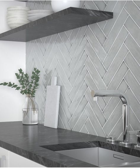 Grey Kitchen Tile, Grey Kitchen Wall Tiles, Peacock Tile, Grey Splashback, Kitchen Tile Ideas, Light Grey Kitchen, Grey Kitchen Tiles, Kitchen Feature Wall, Grey Kitchen Walls