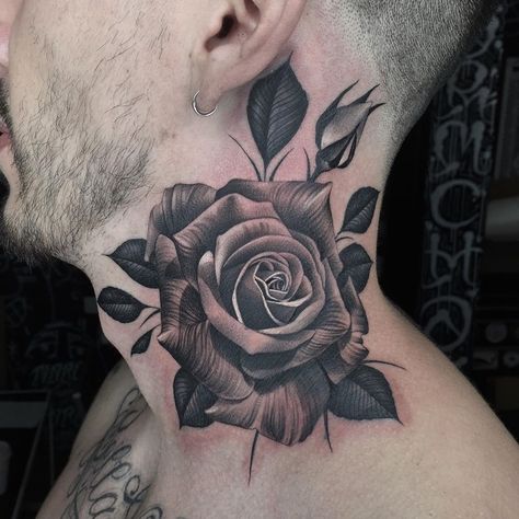 Neck Tattoo Cover Up Men, Neck Cover Up Tattoos Men, Neck Tattoo Cover Up, Coverup Ideas, Rose Neck Tattoo, Cover Up Tattoos For Men, Tattoo Cover Ups, Tattooed Man, Be Brave Tattoo