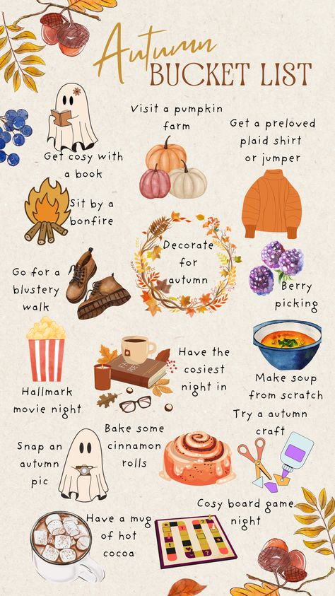 My autumn bucket list for this year. Can't wait to get stuck into some cosy activities!! Bucket List October, September Bucket List Ideas, Autumn Activities For Adults, Fall Aesthetic Bucket List, Autumn Bucket List Aesthetic, Fall Bucket List 2024, Cosy Autumn Aesthetic, Autumn Bucket List Ideas, November Bucket List