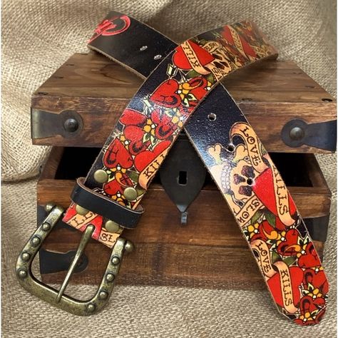 Ed Hardy Leather Belt Ed Hardy Belt, Skull And Crossbones, Brass Buckle, Ed Hardy, Leather Belt, Belts, Black Leather, Shop My, Buckle