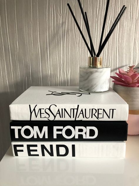 Designer Book Stack in Black and White decor. YSL, Tom Ford, Fendi. Chanel Book Decor, Tom Ford Book, Chanel Book, Dummies Book, Salon Suites, Fake Designer, Decor Luxury, Black And White Decor, Bookshelf Decor