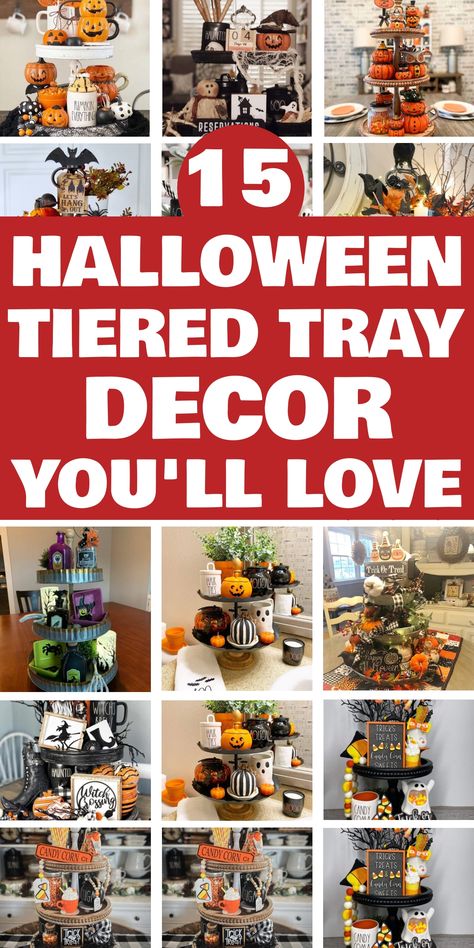 15 Halloween-themed tiered trays with festive decorations. Halloween Lights Diy, Halloween Yard Decorations Diy, Tiered Tray Decor Ideas, Easy Outdoor Halloween Decorations, Halloween Signs Diy, Tray Decor Ideas, Halloween Tiered Tray Decor, Spooky Halloween Crafts, Halloween Costumes To Make